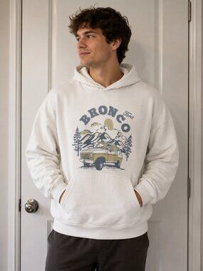 Ford White Hoodie with Blue and Yellow Bronco Graphic